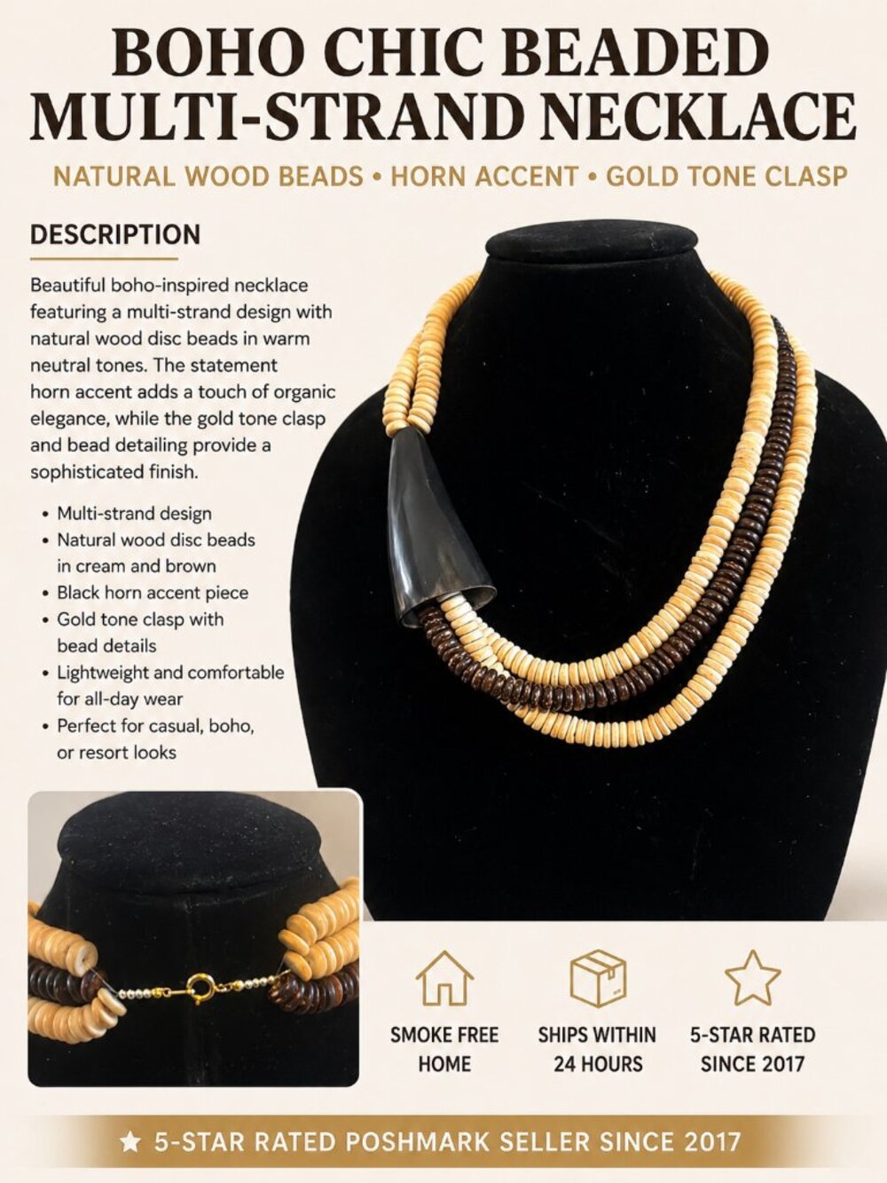 Boho Multi Strand Wood Beaded Statement Necklace